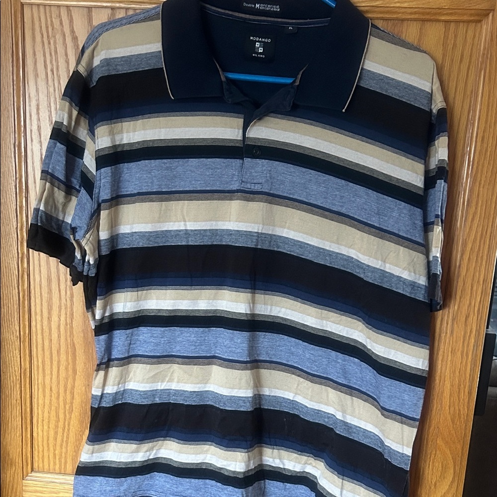 Men's Striped Polo Shirt in Black, Blue & Tan - M